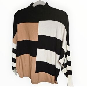 Colorblock Turtleneck Sweater - Black, White, Tan